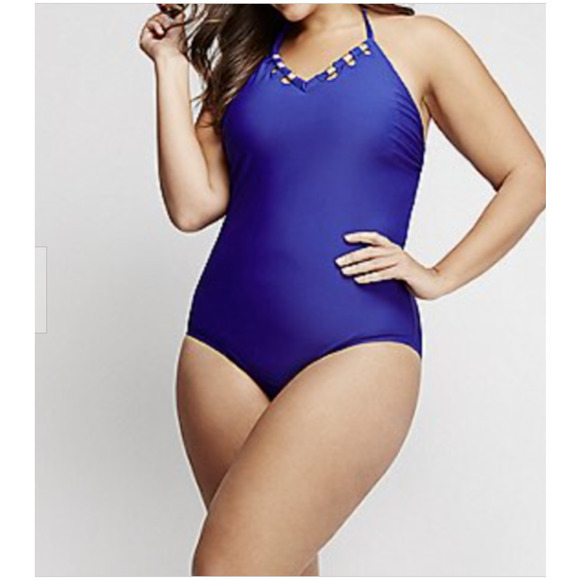Swim by Cacique One Piece‎ Halter Purple with Gold Metal Detail NWT Size 28 - Picture 1 of 8